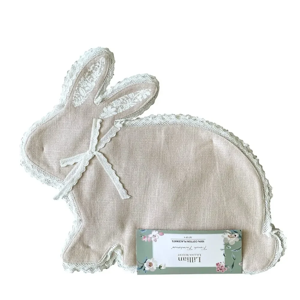Lillian August Tan Bunny Shaped Placemats 17in Set of 4 Lace Accents NEW